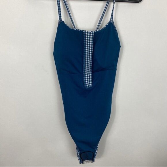 Juicy Couture WMNS L Blue Gingham One Piece Zip Up Swimsuit Open Back Classic - Picture 9 of 11